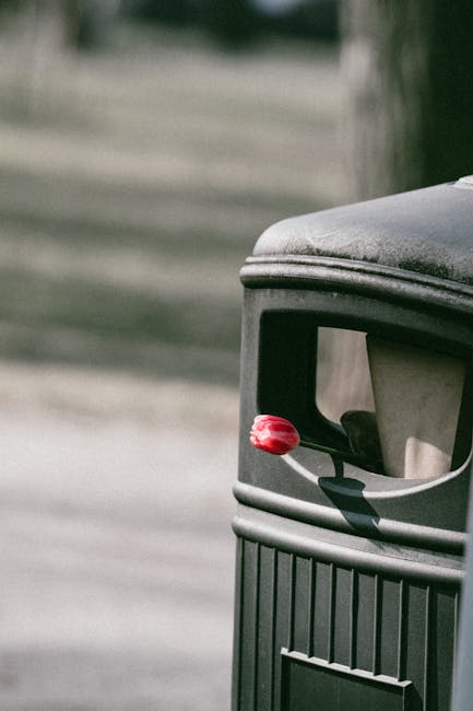 Close-up of a black outdoor waste bin with a curved lid, located on a sidewalk pavement. The bin has a rectangular opening with a small red and white plastic reflective sticker attached on the side of the lid. The background is blurred, showing a street scene with a light-colored car and some greenery, indicating an urban environment suitable for house removals and local moving services. The image captures the bin in natural daylight, emphasizing the bin's surface and surrounding paving stones, reflecting typical urban waste disposal areas encountered during home relocation or furniture transport situations. Man with Van Tower Hill occasionally undertakes loading and unloading activities in such environments to facilitate efficient packing and moving processes.